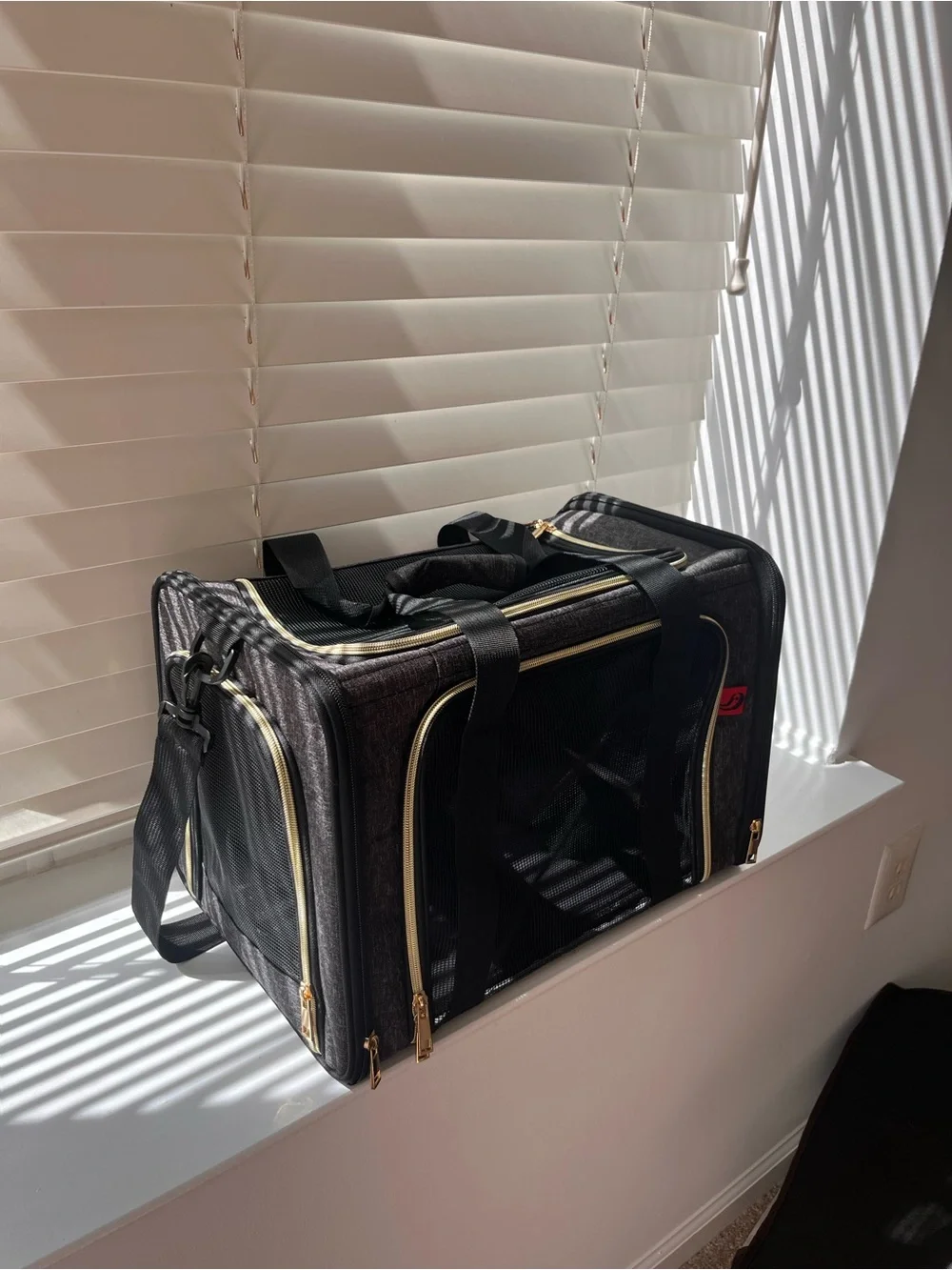 Small Pet Black and Gold Travel Carry Bag with Mesh Front